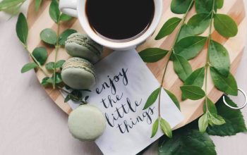 Wallpaper Flat Lay Photography of Leaves, Coffee, and Macarons
