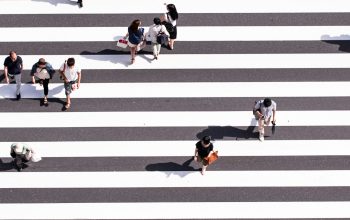 Wallpaper Aerial View Photography of Group of People Walking on Gray and White Pedestrian Lane