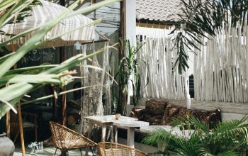 Wallpaper White Table with Brown Wicker Chair Beside Plants