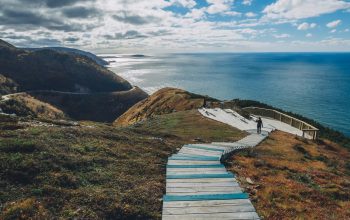 Wallpaper Brown Wooden Stairs on Cliff Overlooking Sea at Daytime
