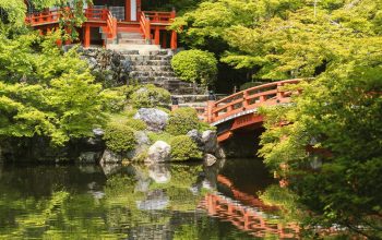 Wallpaper Red Temple Near Body of Water