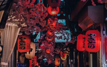 Wallpaper People Walking on Street with Red Lanterns