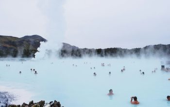 Wallpaper People Swimming in Hot Spring Near Mountain