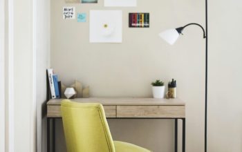 Wallpaper Black 2-Light Torchiere Beside Brown Wooden-Top Desk with Black Steel Frame