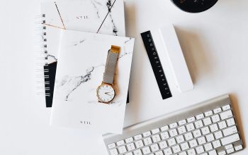 Wallpaper Apple Magic Keyboard, Gold Watch, and Notebook