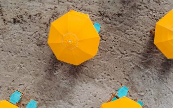 Wallpaper Five Yellow Umbrellas on Sand at Daytime
