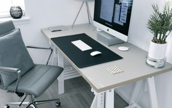 Wallpaper Gray Leather Office Rolling Armchair Beside White Wooden Computer Desk