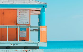 Wallpaper Teal, Gray, and Orange Seashore House