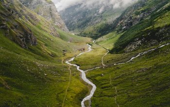 Wallpaper Aerial Photography of River Between Mountains