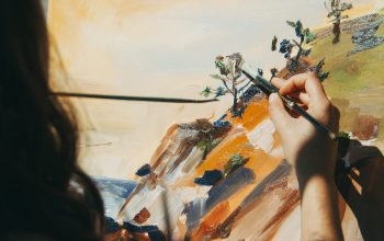 Wallpaper Woman Painting Tree and Cliff