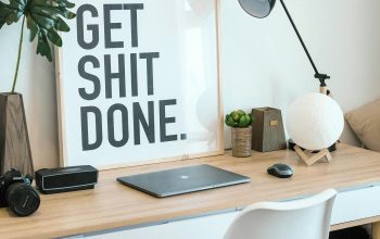 Wallpaper Brown and White Wooden Desk with Chair and Laptop