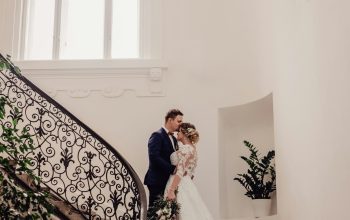 Wallpaper Bride and Groom Standing on Stairs