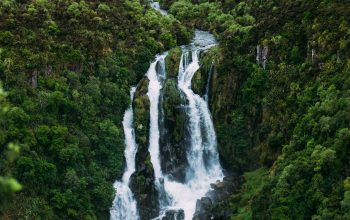 Wallpaper Waterfalls Amidst Lush Greenery