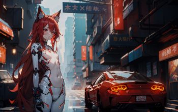 Wallpaper Anime Cat Girl Cyberpunk Red Hair Red Eyes