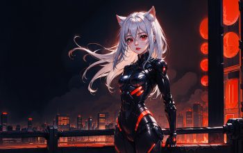Wallpaper Anime Cat Girl Cyberpunk White Hair Red Eyes