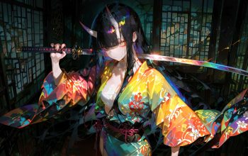 Wallpaper Anime Demon Girl Samurai Katana