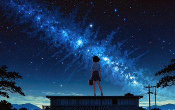 Wallpaper Anime Girl Alone Night Sky Stars Milky Way