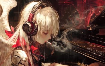 Wallpaper Anime Girl Angel Wings Smoking Piano Cyberpunk