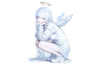 Wallpaper Anime Girl Angel Wings White Hair
