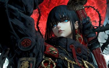Wallpaper Anime Girl Blue Eyes Red Moon Sword