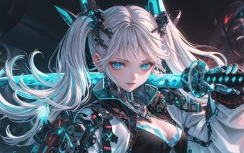 Wallpaper Anime Girl Blue Eyes White Hair Katana Cyberpunk
