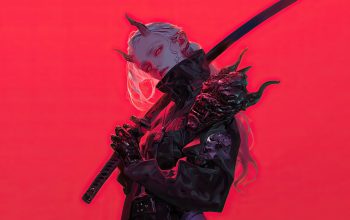 Wallpaper Anime Girl Demon Horn Katana Red Eyes