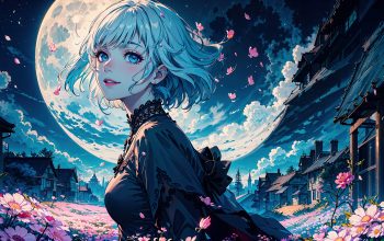 Wallpaper Anime Girl Fantasy Moon Night Flower Field