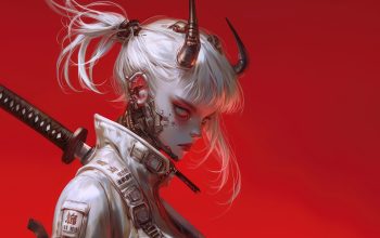 Wallpaper Anime Girl Horn Katana Cyberpunk Sci-Fi