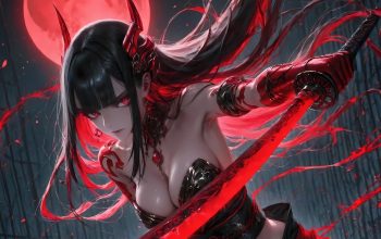 Wallpaper Anime Girl Horn Katana Red Moon