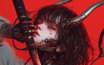 Wallpaper Anime Girl Katana Cyberpunk Horn