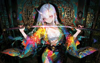 Wallpaper Anime Girl Katana Demon Horn Kimono