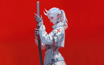 Wallpaper Anime Girl Katana Sci-Fi Demon Horn