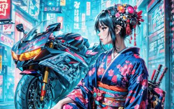 Wallpaper Anime Girl Kimono Motorcycle