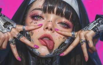 Wallpaper Anime Girl Nun Tongue Out Cyberpunk