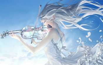 Wallpaper Anime Girl Playing Violin White Hair