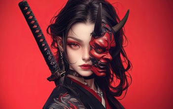 Wallpaper Anime Girl Red Eyes Oni Mask