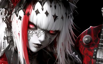 Wallpaper Anime Girl Red Eyes White Hair Guitar