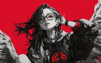 Wallpaper Anime Girl Red Eyes with Glasses