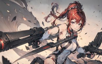 Wallpaper Anime Girl Red Hair Guns Sci-Fi