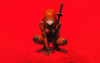 Wallpaper Anime Girl Red Hair Katana Sci-Fi