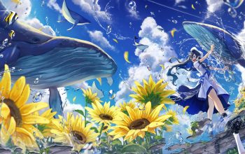 Wallpaper Anime Girl Summer Sunflowers Whale