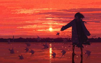 Wallpaper Anime Girl Sunset Scenery