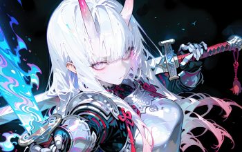 Wallpaper Anime Girl Sword White Hair Horn