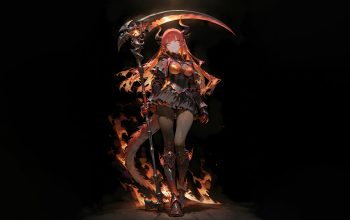 Wallpaper Anime Girl Scythe Red Hair Horn
