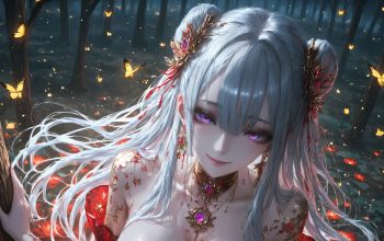 Wallpaper Anime Girl White Hair Butterfly Forest