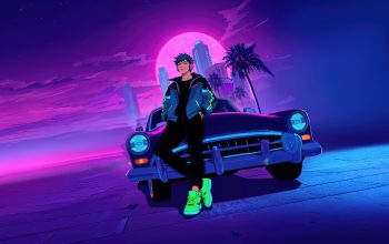 Wallpaper Anime Guy Car Moon Night