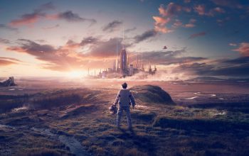 Wallpaper Astronaut Landscape Sci-Fi City