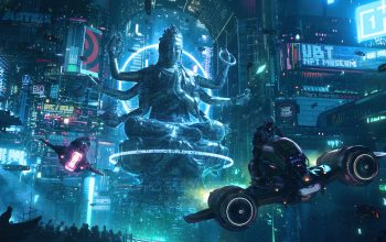Wallpaper Buddha Cyberpunk City