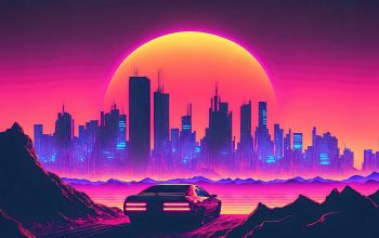 Wallpaper Car Futuristic City Sunset Synthwave Vaporwave