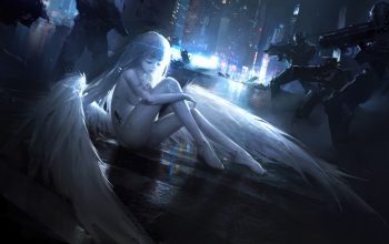 Wallpaper Cyberpunk Angel Wings Sci-Fi